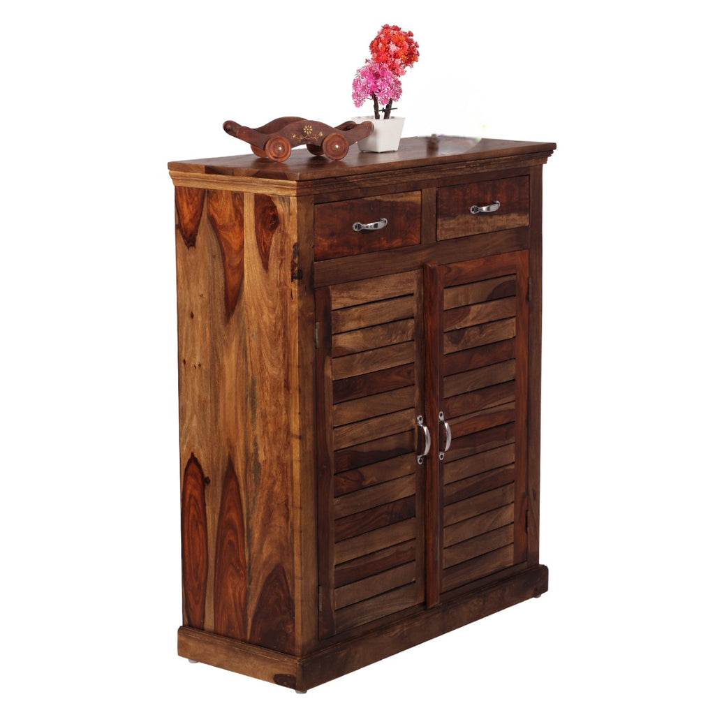 Sheesham Wood 2-Door Shoe Cabinet with 2 Drawer for Home | Wooden Shoe Rack with Storage | Shoe Rack Cabinet | Brown