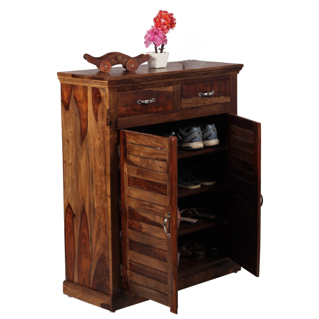 Sheesham Wood 2-Door Shoe Cabinet with 2 Drawer for Home | Wooden Shoe Rack with Storage | Shoe Rack Cabinet | Brown