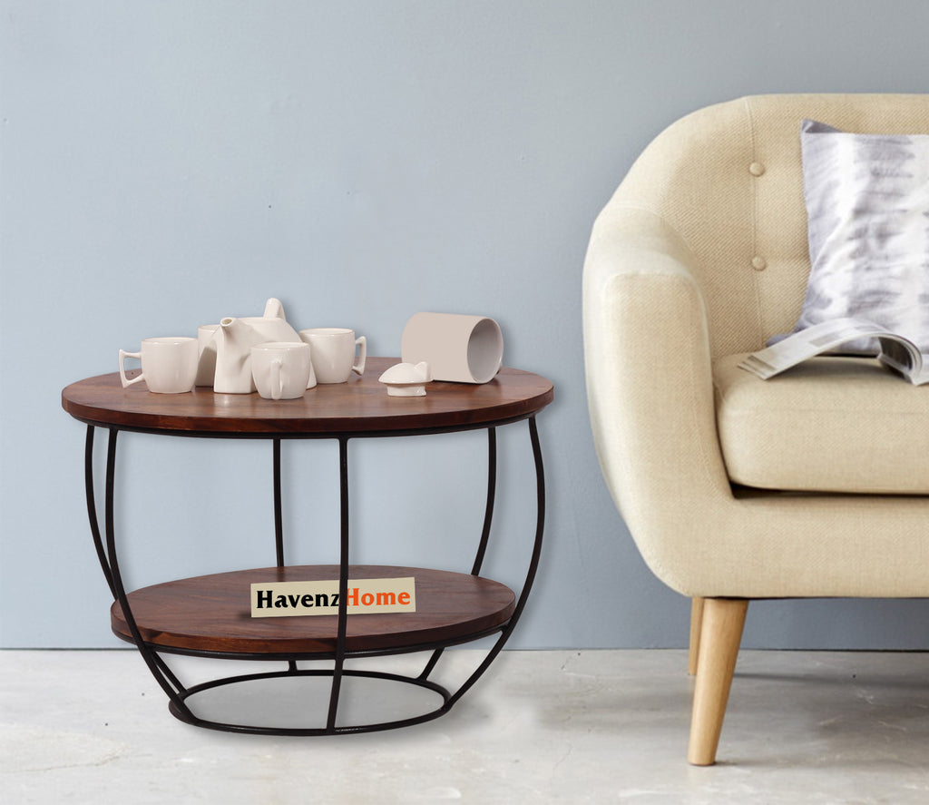 Wooden Round 2 Tier Coffee Table Modern Sofa Side Table for Living Room Tea Table for 2 Shelf Storage Table,End Table,Center Table - Brown & Black