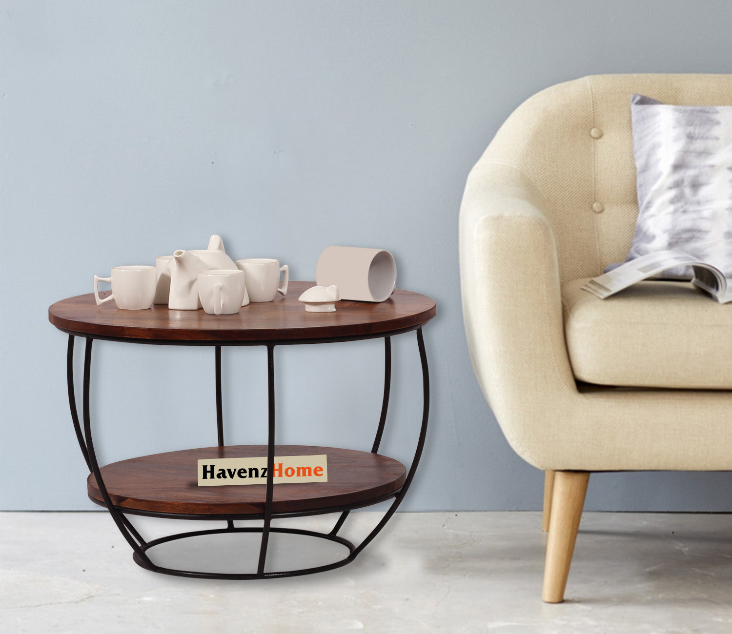 Wooden Round 2 Tier Coffee Table Modern Sofa Side Table for Living Room Tea Table for 2 Shelf Storage Table,End Table,Center Table - Brown & Black