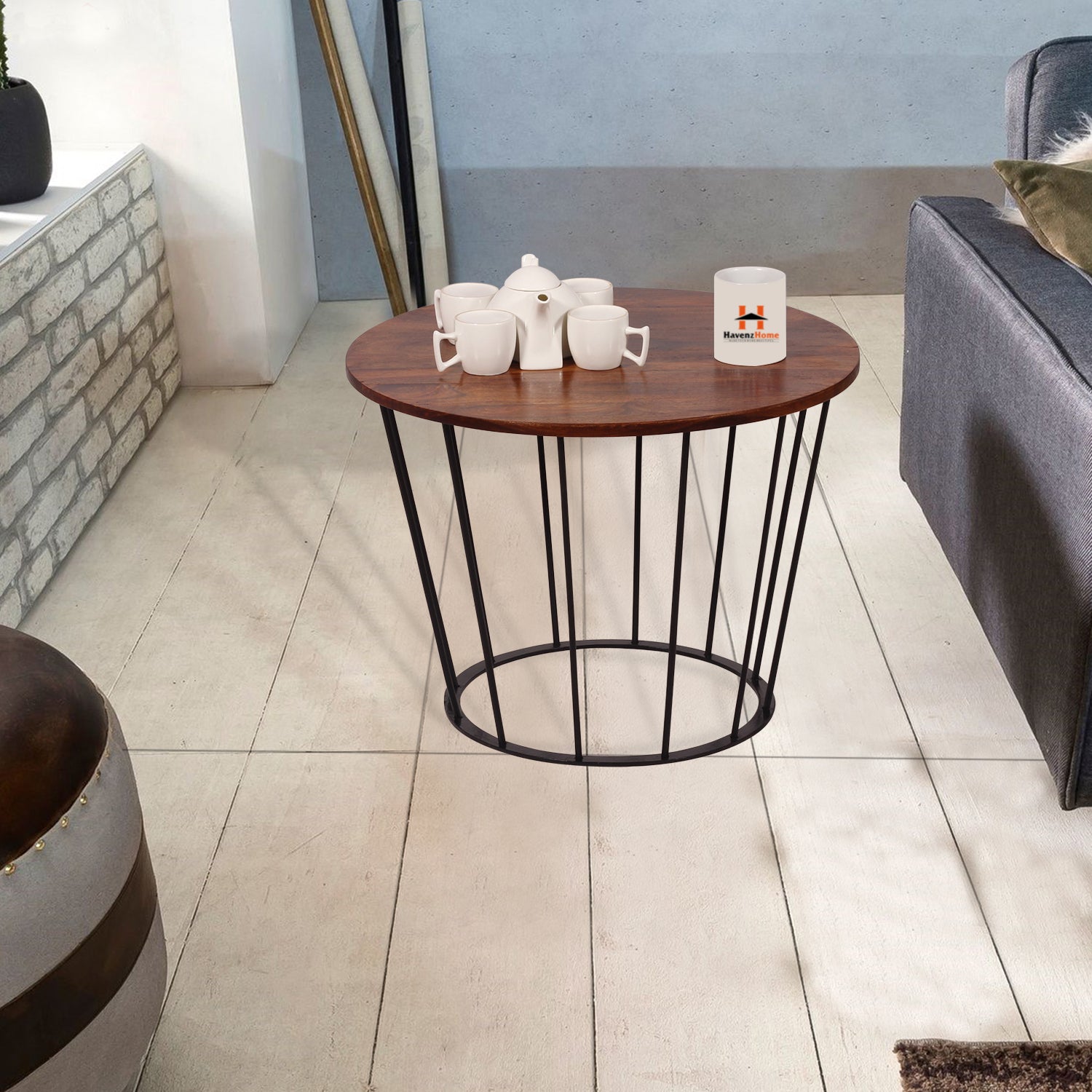 Round Wooden Coffee Table with Metal Base | Stylish Living Room Center Table | Compact Modern Sofa Side Table | Size L39cm x W62cm x H62cm