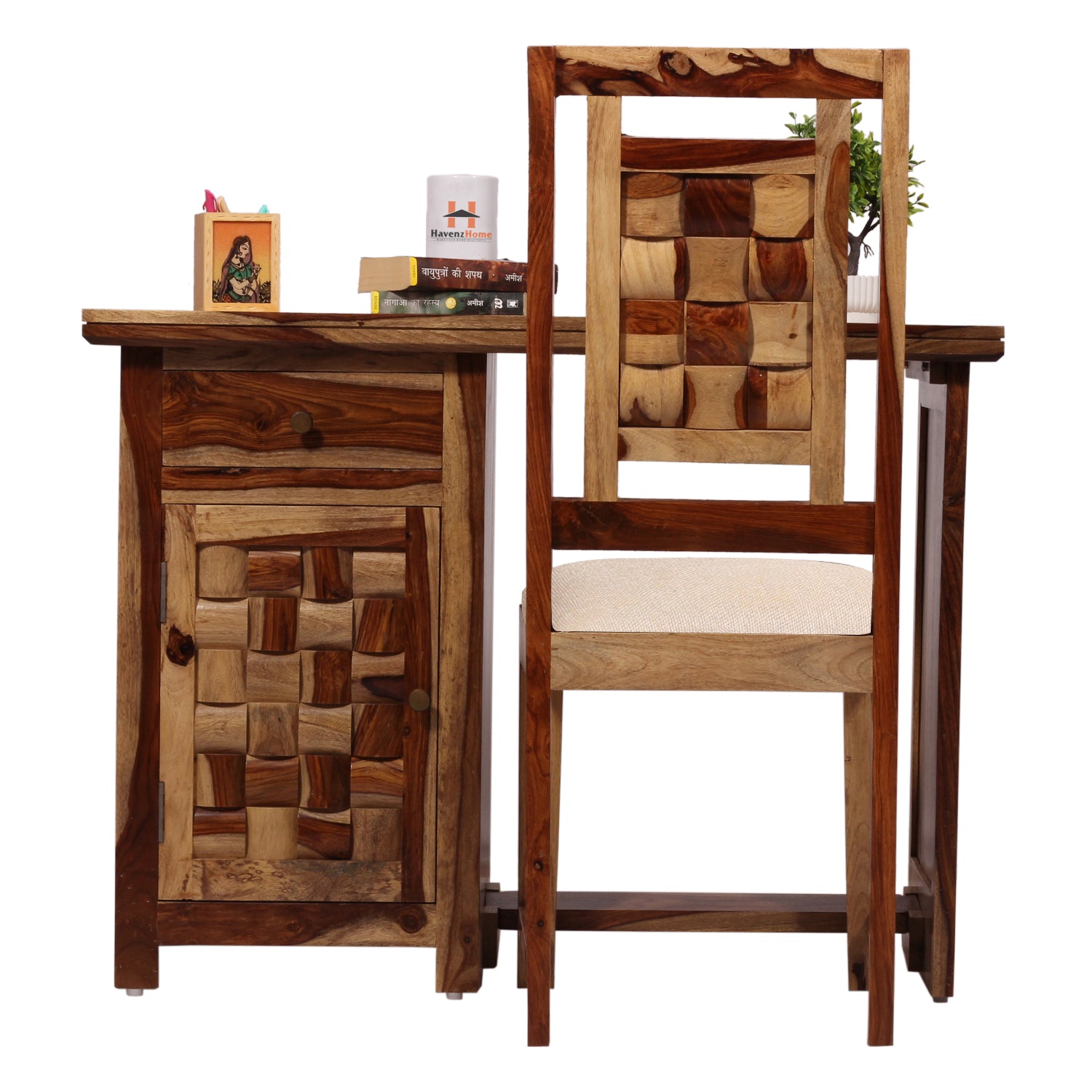 Nivora Solid Sheesham Wood Computer Table with Cabinet and Drawer Storage with Chair, Wood Writing Desk, Study Desk, Office Desk, Laptop Table (Natural Wood)