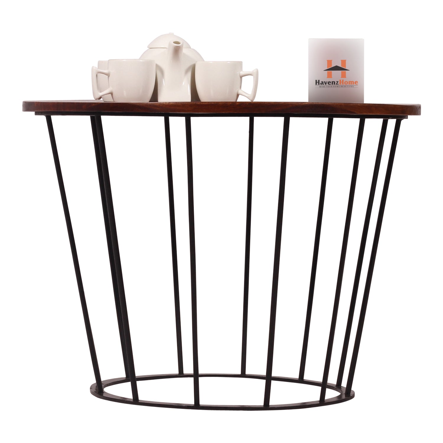 Round Wooden Coffee Table with Metal Base | Stylish Living Room Center Table | Compact Modern Sofa Side Table | Size L39cm x W62cm x H62cm