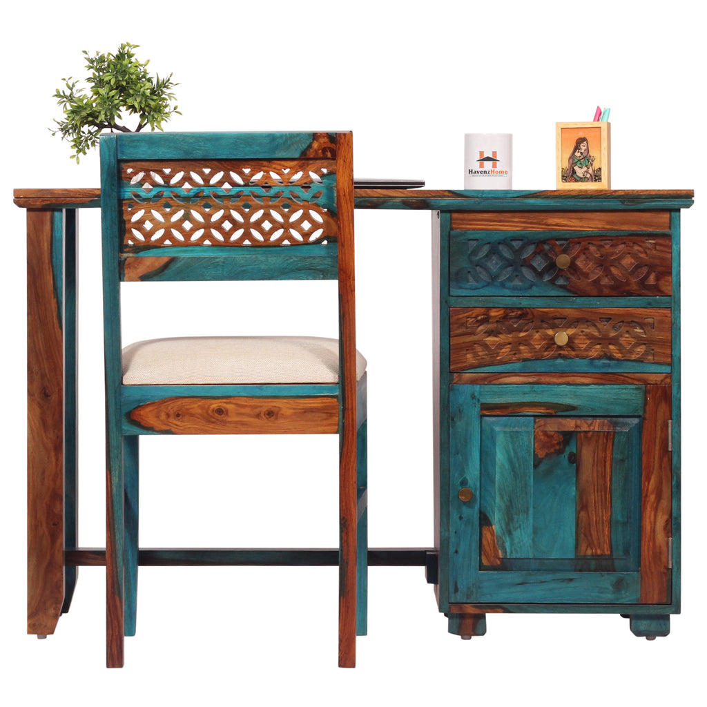 Flora Solid Sheesham Wood Computer Table with Cabinet and Drawer Storage with Chair, Study Desk, Office Desk, Laptop Table (Royal Blue)