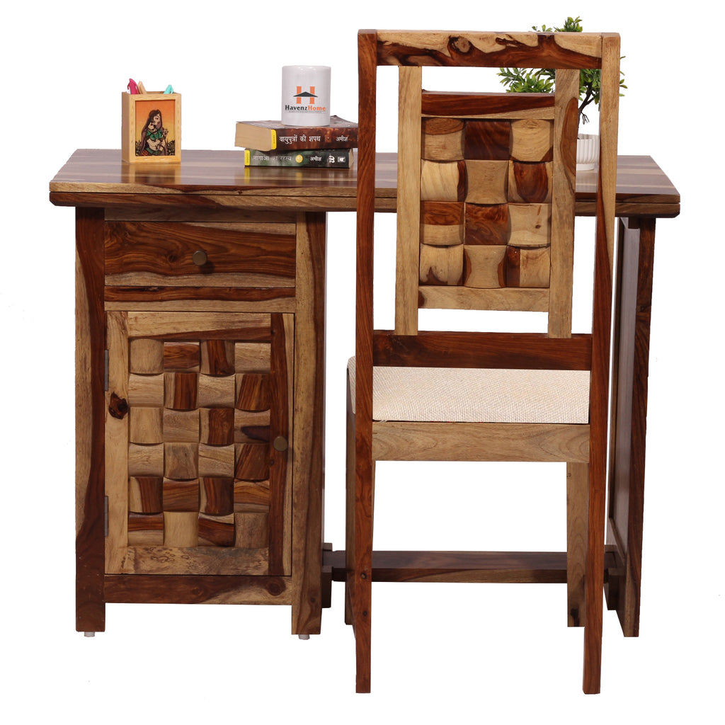 Nivora Solid Sheesham Wood Computer Table with Cabinet and Drawer Storage with Chair, Wood Writing Desk, Study Desk, Office Desk, Laptop Table (Natural Wood)