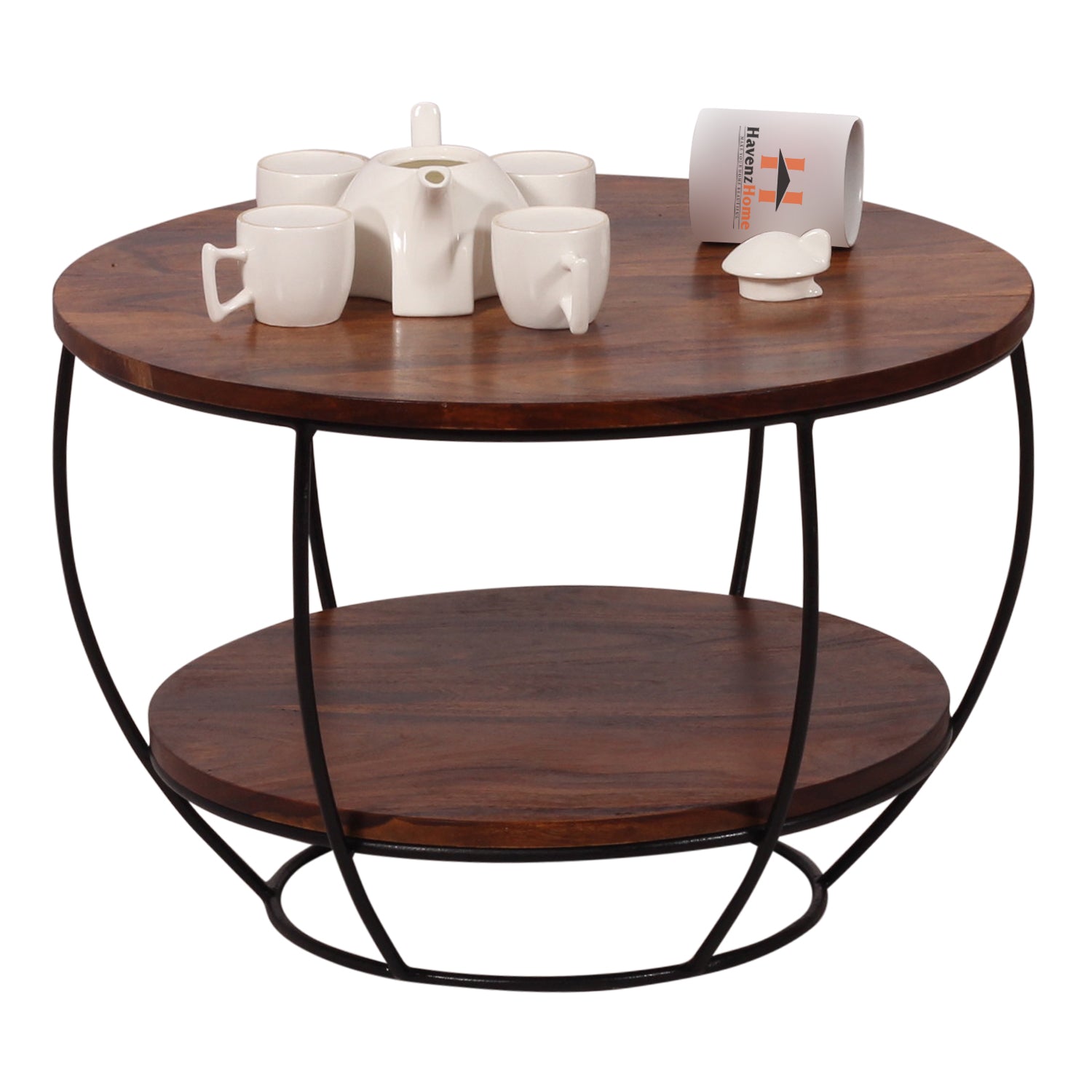 Wooden Round 2 Tier Coffee Table Modern Sofa Side Table for Living Room Tea Table for 2 Shelf Storage Table,End Table,Center Table - Brown & Black