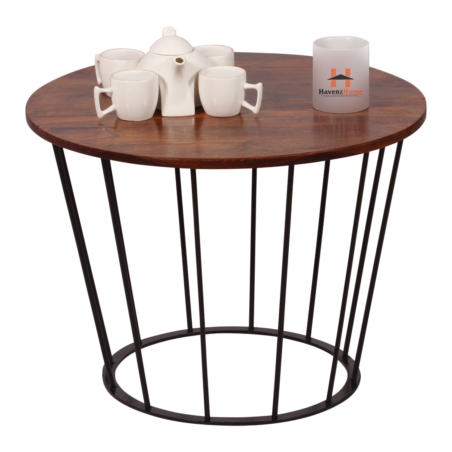 Round Wooden Coffee Table with Metal Base | Stylish Living Room Center Table | Compact Modern Sofa Side Table | Size L39cm x W62cm x H62cm