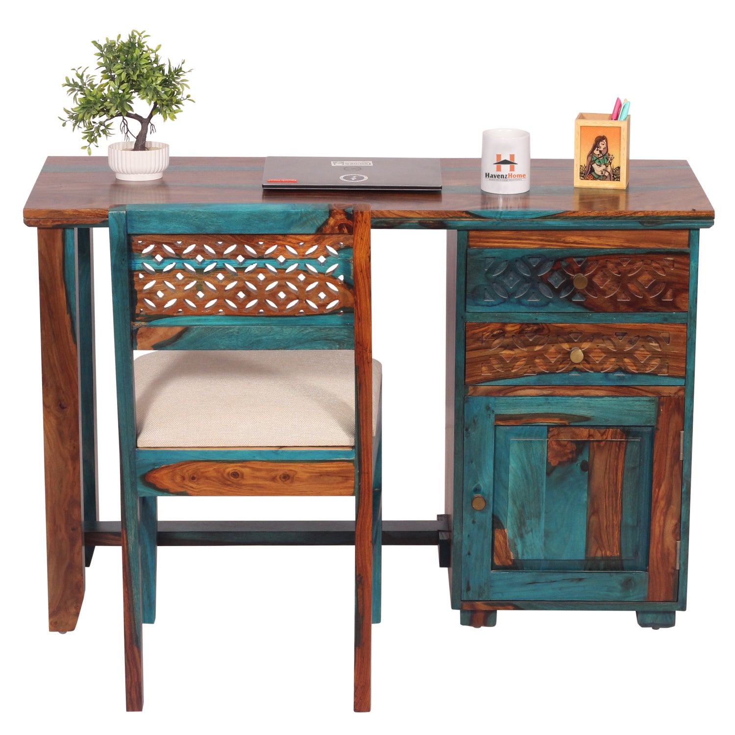 Flora Solid Sheesham Wood Computer Table with Cabinet and Drawer Storage with Chair, Study Desk, Office Desk, Laptop Table (Royal Blue)