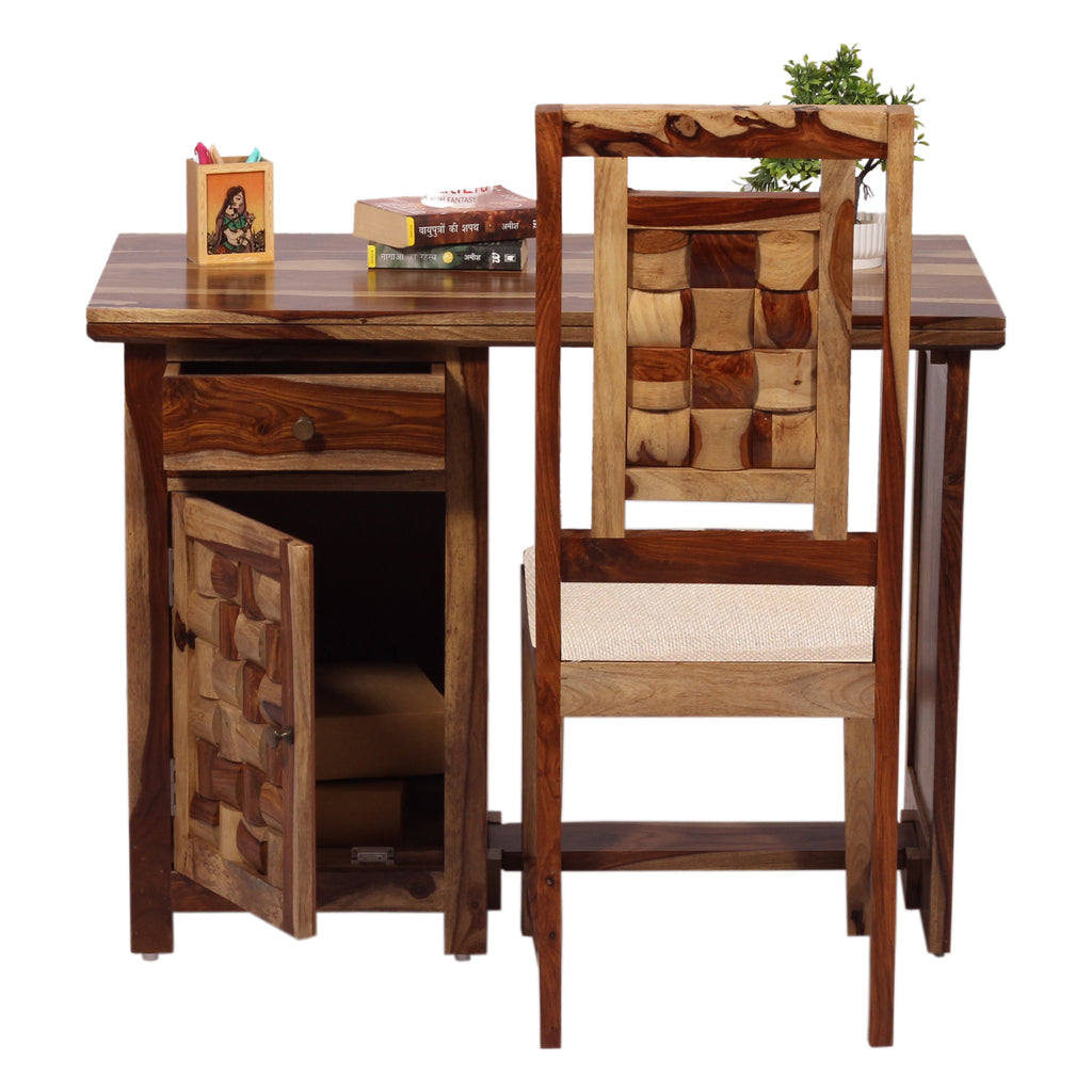 Nivora Solid Sheesham Wood Computer Table with Cabinet and Drawer Storage with Chair, Wood Writing Desk, Study Desk, Office Desk, Laptop Table (Natural Wood)