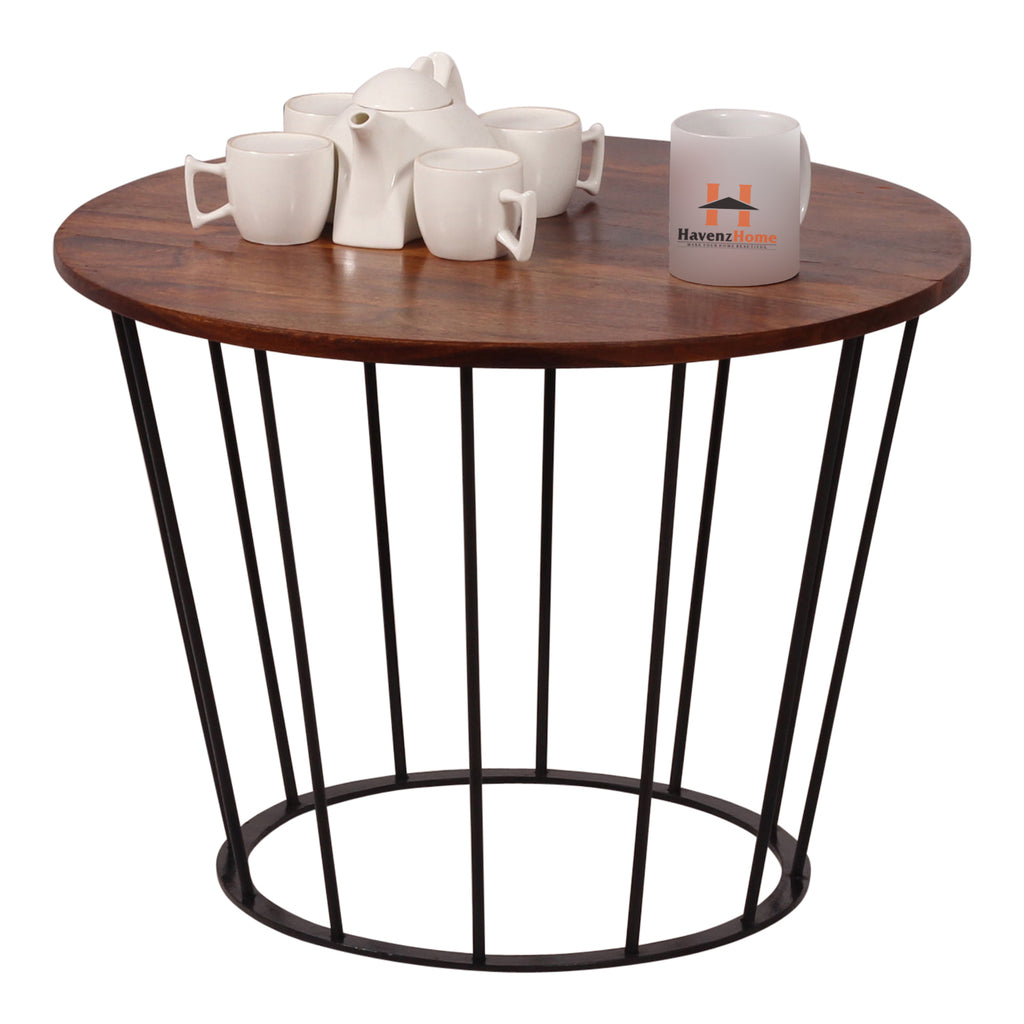 Round Wooden Coffee Table with Metal Base | Stylish Living Room Center Table | Compact Modern Sofa Side Table | Size L39cm x W62cm x H62cm