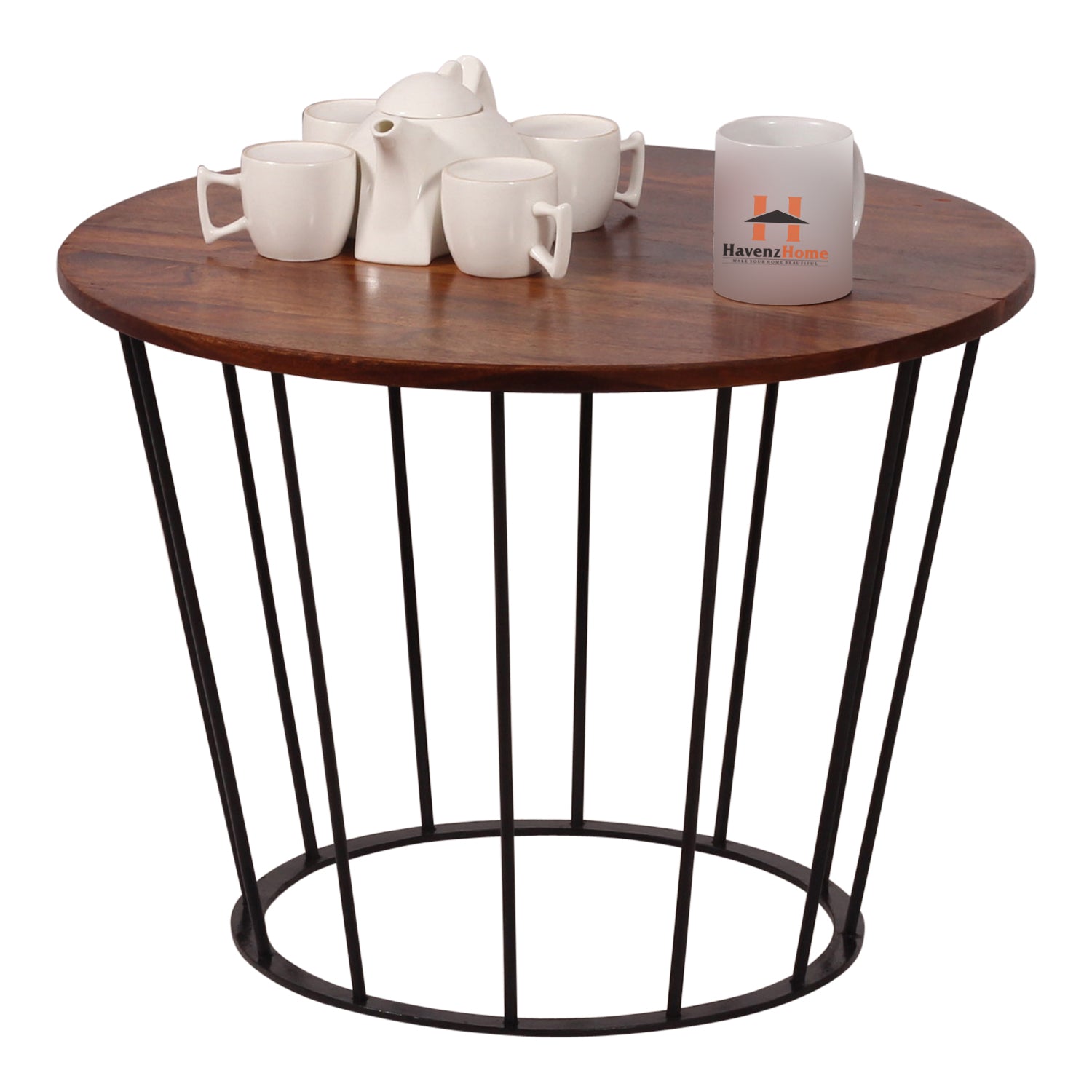 Round Wooden Coffee Table with Metal Base | Stylish Living Room Center Table | Compact Modern Sofa Side Table | Size L39cm x W62cm x H62cm