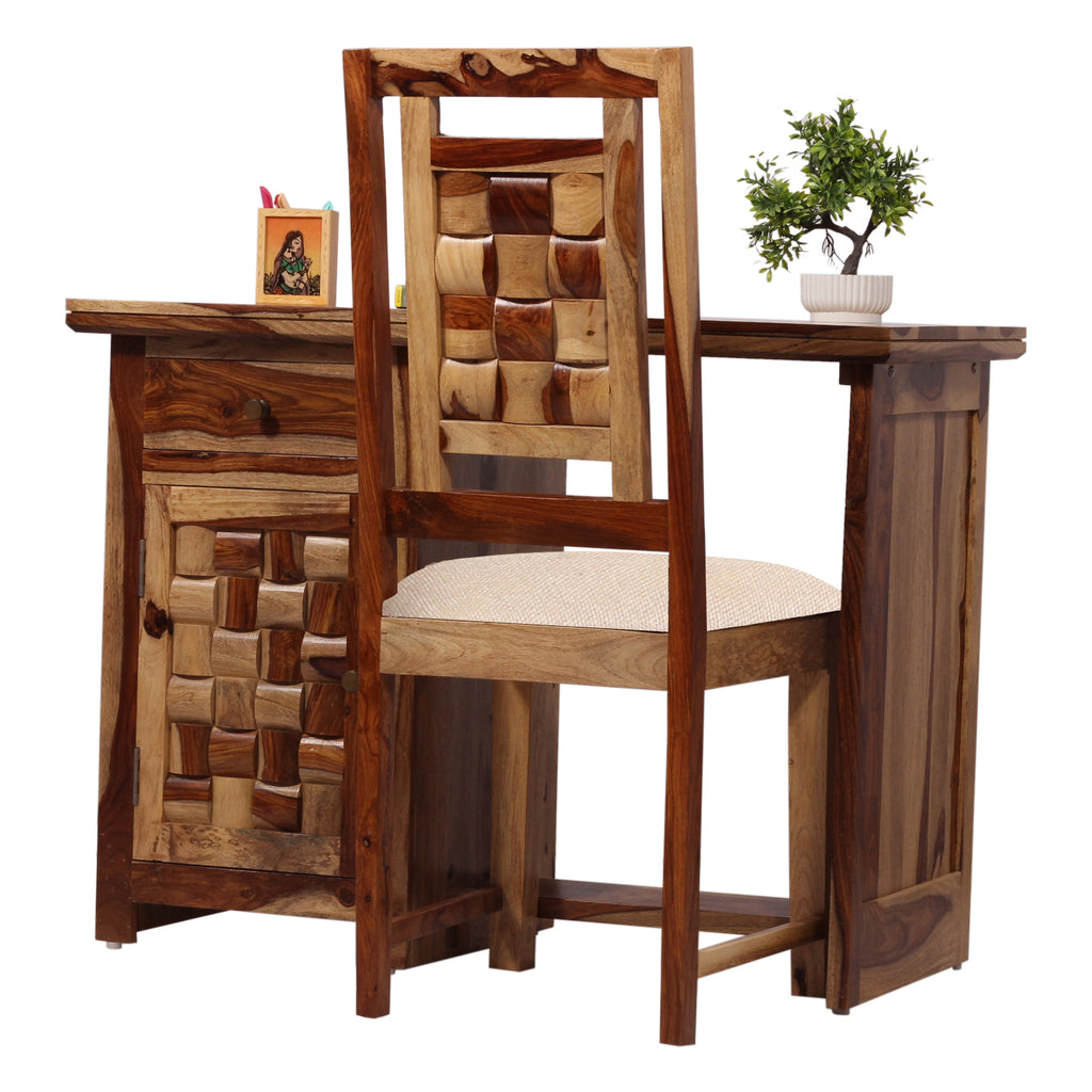 Nivora Solid Sheesham Wood Computer Table with Cabinet and Drawer Storage with Chair, Wood Writing Desk, Study Desk, Office Desk, Laptop Table (Natural Wood)