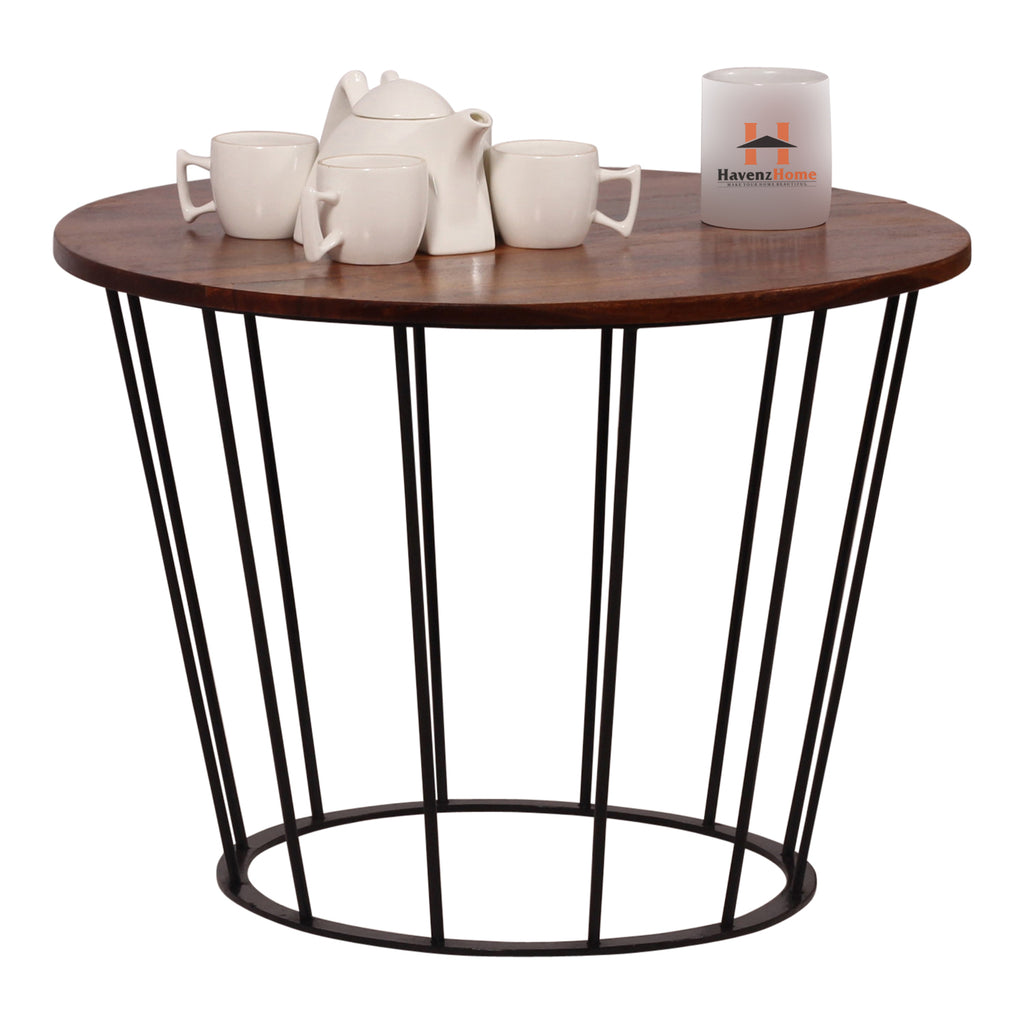 Round Wooden Coffee Table with Metal Base | Stylish Living Room Center Table | Compact Modern Sofa Side Table | Size L39cm x W62cm x H62cm