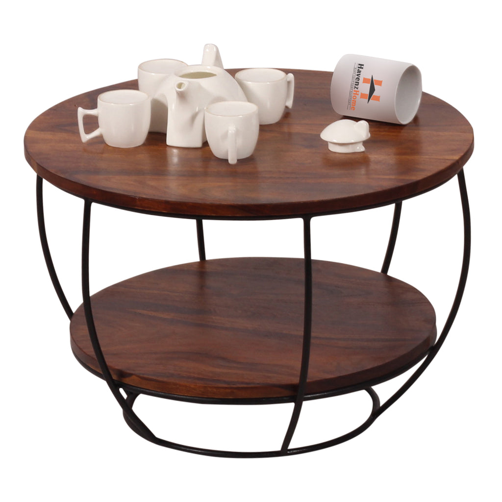 Wooden Round 2 Tier Coffee Table Modern Sofa Side Table for Living Room Tea Table for 2 Shelf Storage Table,End Table,Center Table - Brown & Black