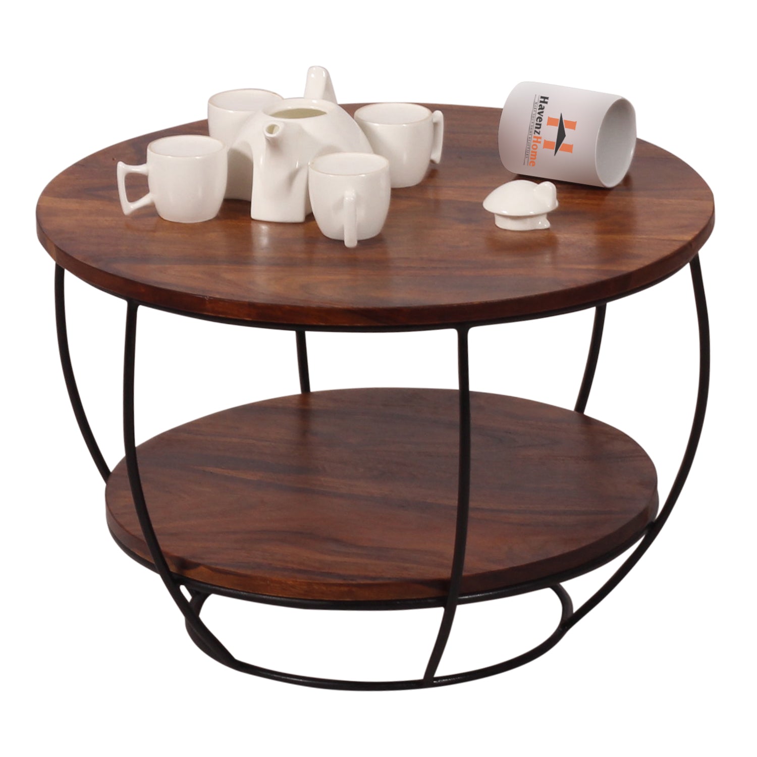 Wooden Round 2 Tier Coffee Table Modern Sofa Side Table for Living Room Tea Table for 2 Shelf Storage Table,End Table,Center Table - Brown & Black