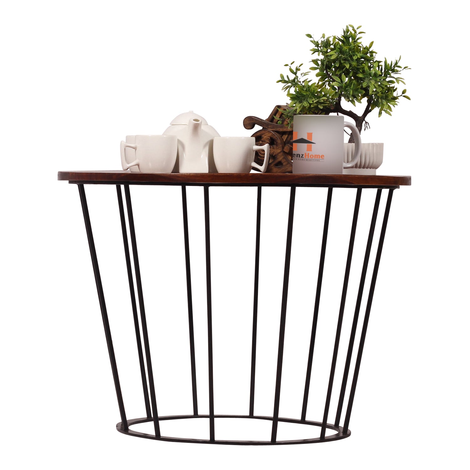 Round Wooden Coffee Table with Metal Base | Stylish Living Room Center Table | Compact Modern Sofa Side Table | Size L39cm x W62cm x H62cm