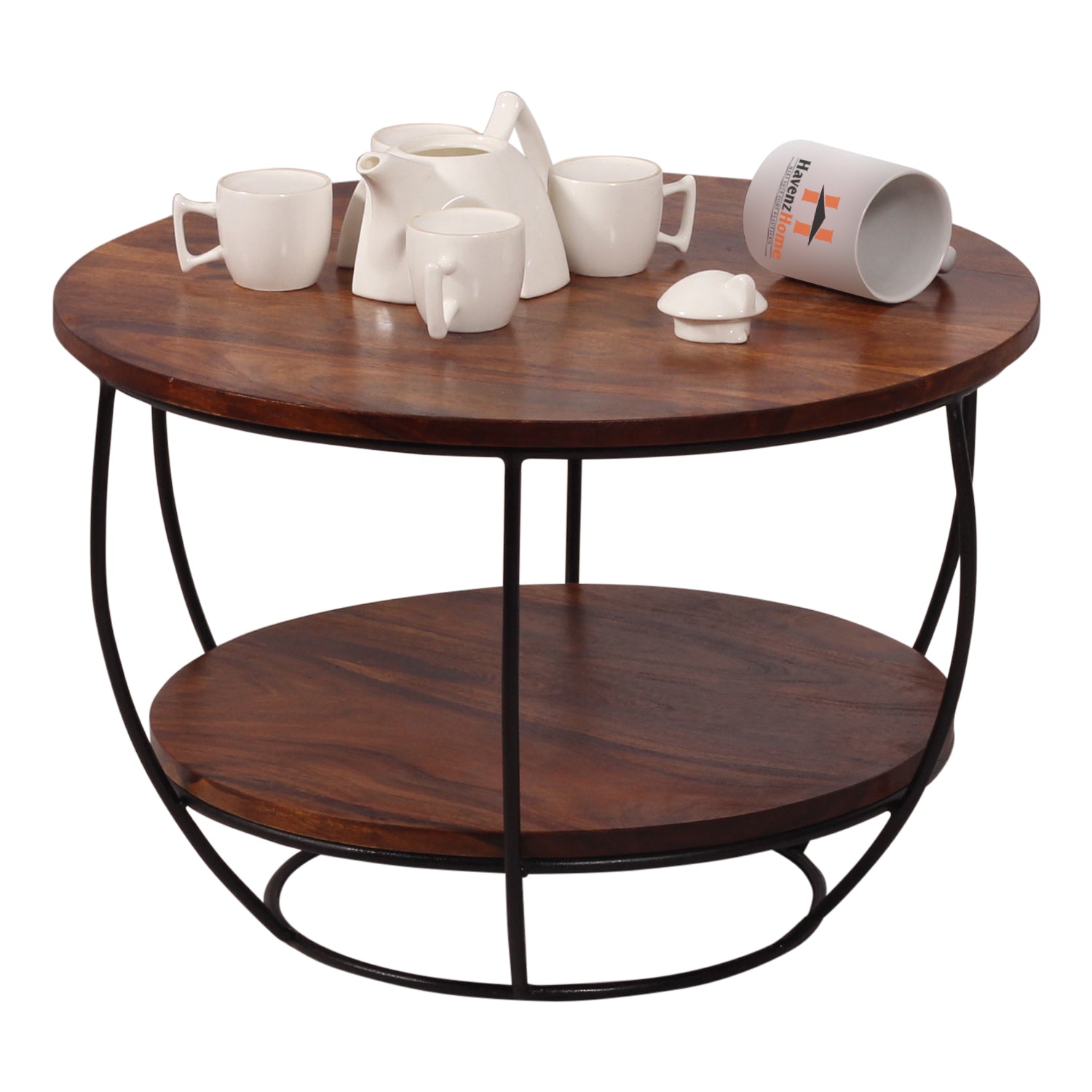 Wooden Round 2 Tier Coffee Table Modern Sofa Side Table for Living Room Tea Table for 2 Shelf Storage Table,End Table,Center Table - Brown & Black