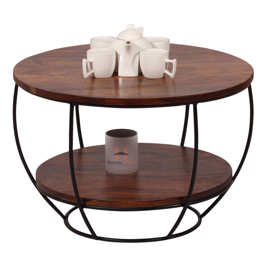 Wooden Round 2 Tier Coffee Table Modern Sofa Side Table for Living Room Tea Table for 2 Shelf Storage Table,End Table,Center Table - Brown & Black