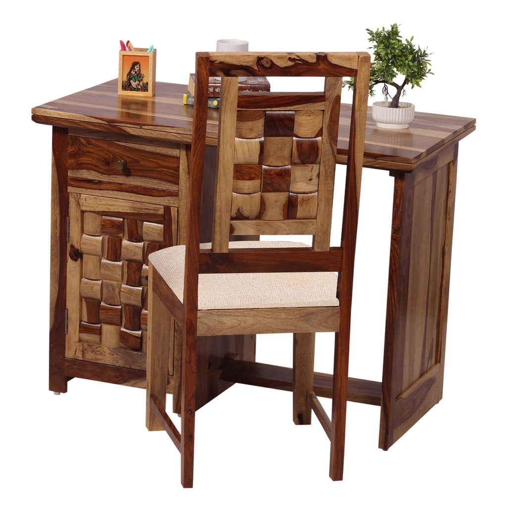 Nivora Solid Sheesham Wood Computer Table with Cabinet and Drawer Storage with Chair, Wood Writing Desk, Study Desk, Office Desk, Laptop Table (Natural Wood)