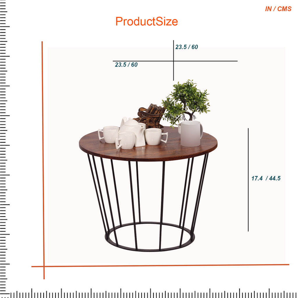 Round Wooden Coffee Table with Metal Base | Stylish Living Room Center Table | Compact Modern Sofa Side Table | Size L39cm x W62cm x H62cm