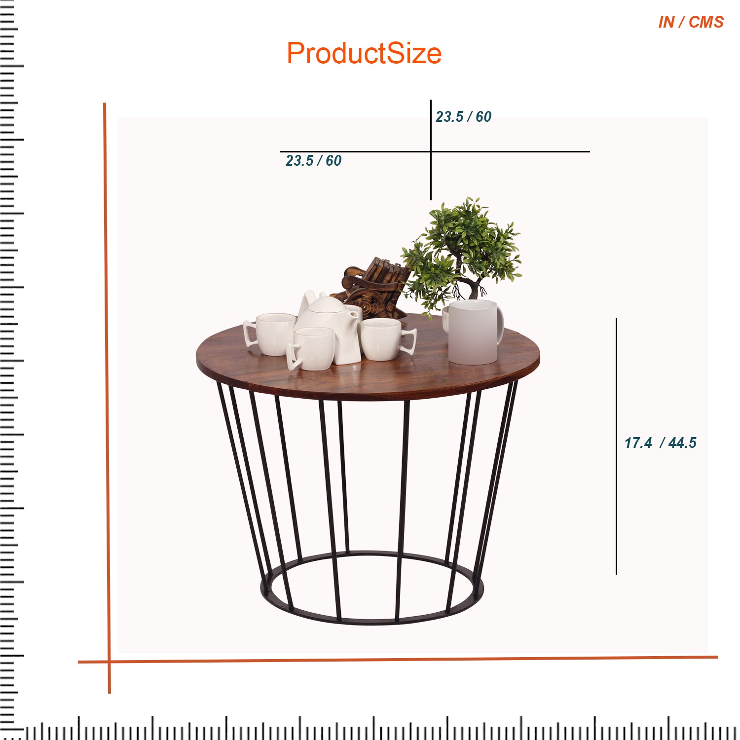 Round Wooden Coffee Table with Metal Base | Stylish Living Room Center Table | Compact Modern Sofa Side Table | Size L39cm x W62cm x H62cm