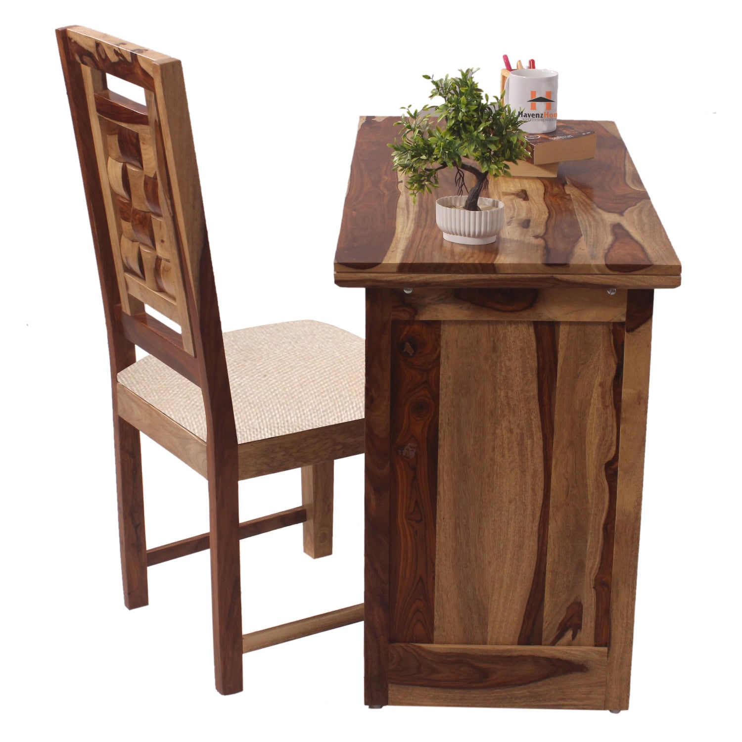 Nivora Solid Sheesham Wood Computer Table with Cabinet and Drawer Storage with Chair, Wood Writing Desk, Study Desk, Office Desk, Laptop Table (Natural Wood)