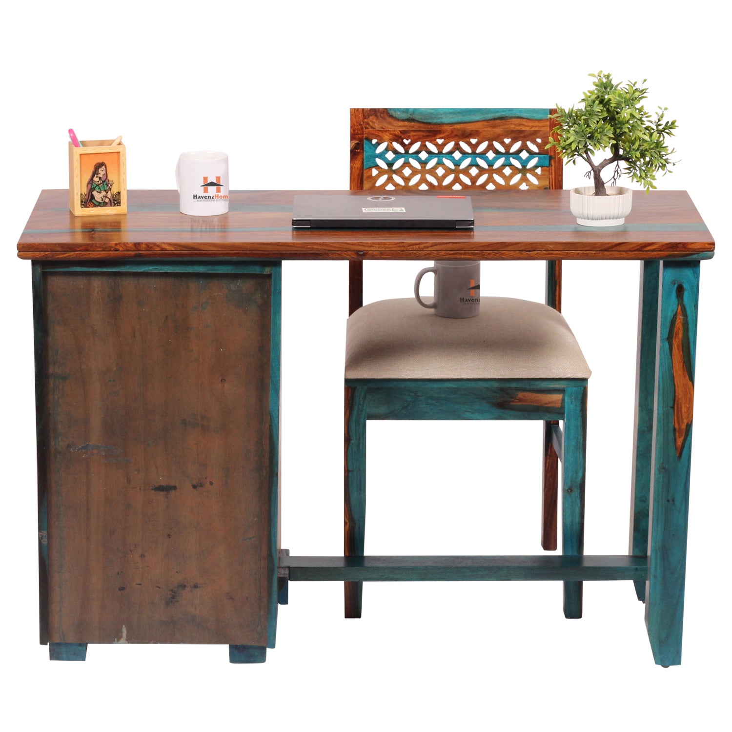 Flora Solid Sheesham Wood Computer Table with Cabinet and Drawer Storage with Chair, Study Desk, Office Desk, Laptop Table (Royal Blue)