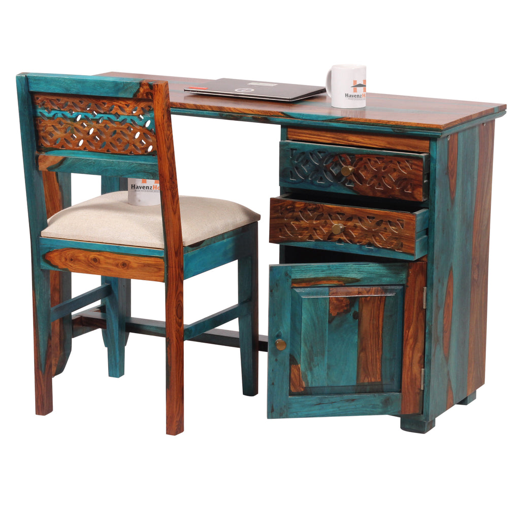 Flora Solid Sheesham Wood Computer Table with Cabinet and Drawer Storage with Chair, Study Desk, Office Desk, Laptop Table (Royal Blue)