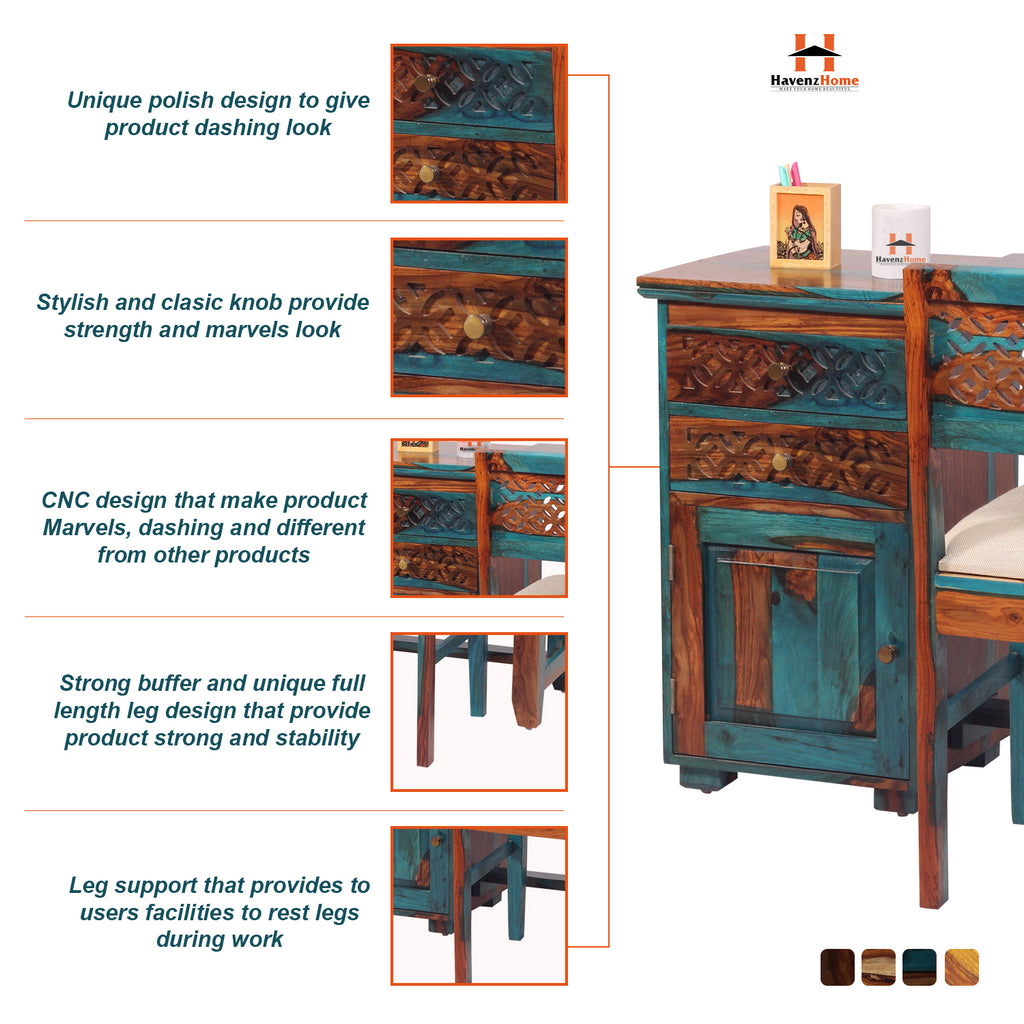 Flora Solid Sheesham Wood Computer Table with Cabinet and Drawer Storage with Chair, Study Desk, Office Desk, Laptop Table (Royal Blue)
