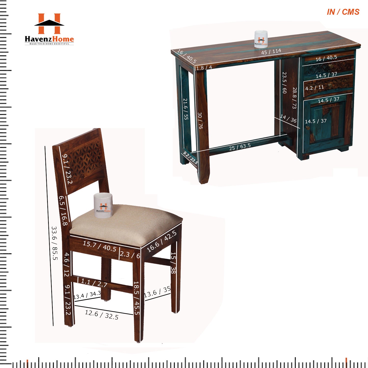 Flora Solid Sheesham Wood Computer Table with Cabinet and Drawer Storage with Chair, Study Desk, Office Desk, Laptop Table (Royal Blue)