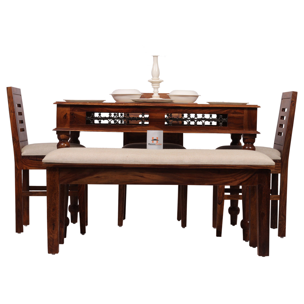 Solid Sheesham Wood Dining Table Set with 3 Cushioned Chairs & Bench for Home & Hotel Furniture | Dining Room Furniture | Natural Honey Finish with Premium Polish (5 Seater)