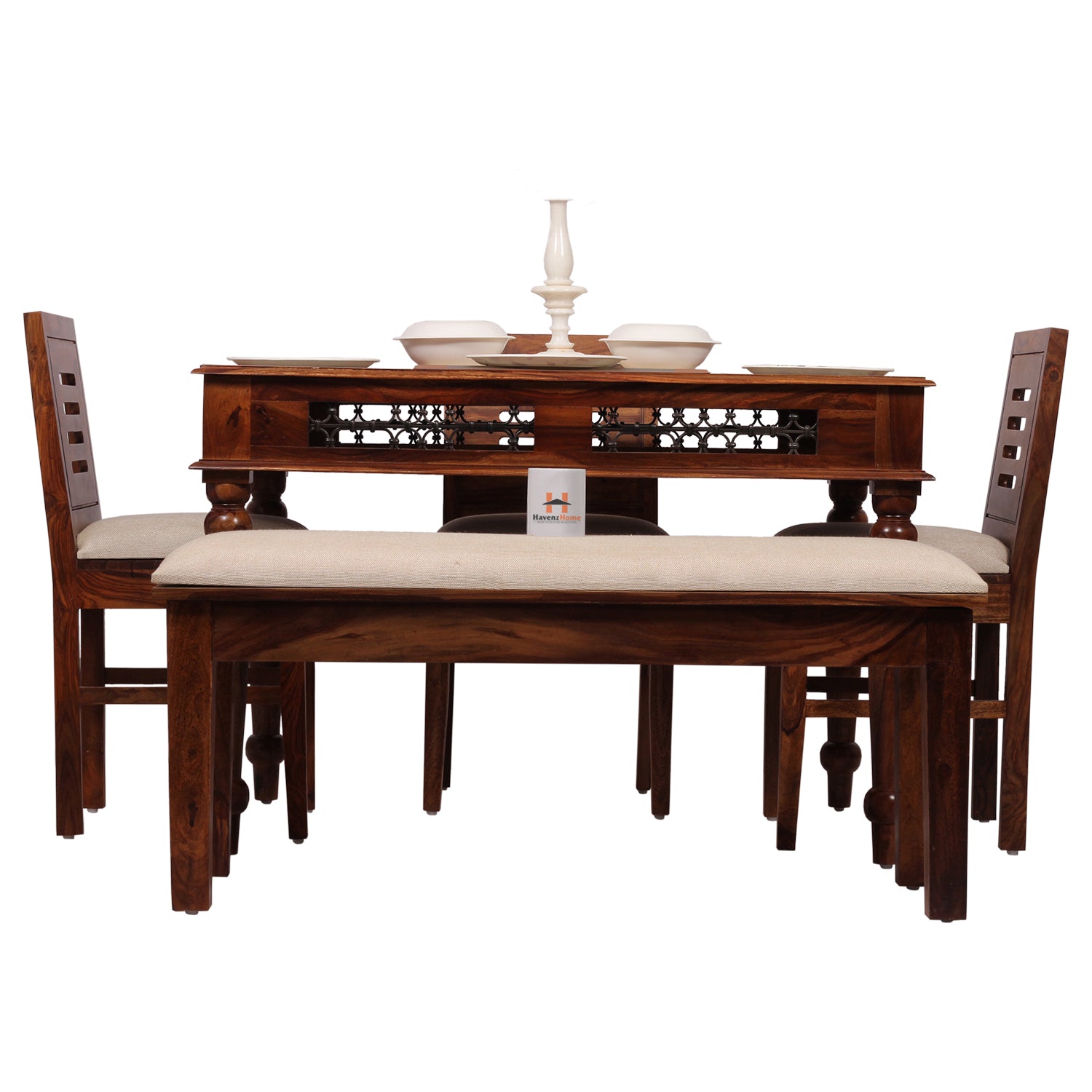 Solid Sheesham Wood Dining Table Set with 3 Cushioned Chairs & Bench for Home & Hotel Furniture | Dining Room Furniture | Natural Honey Finish with Premium Polish (5 Seater)