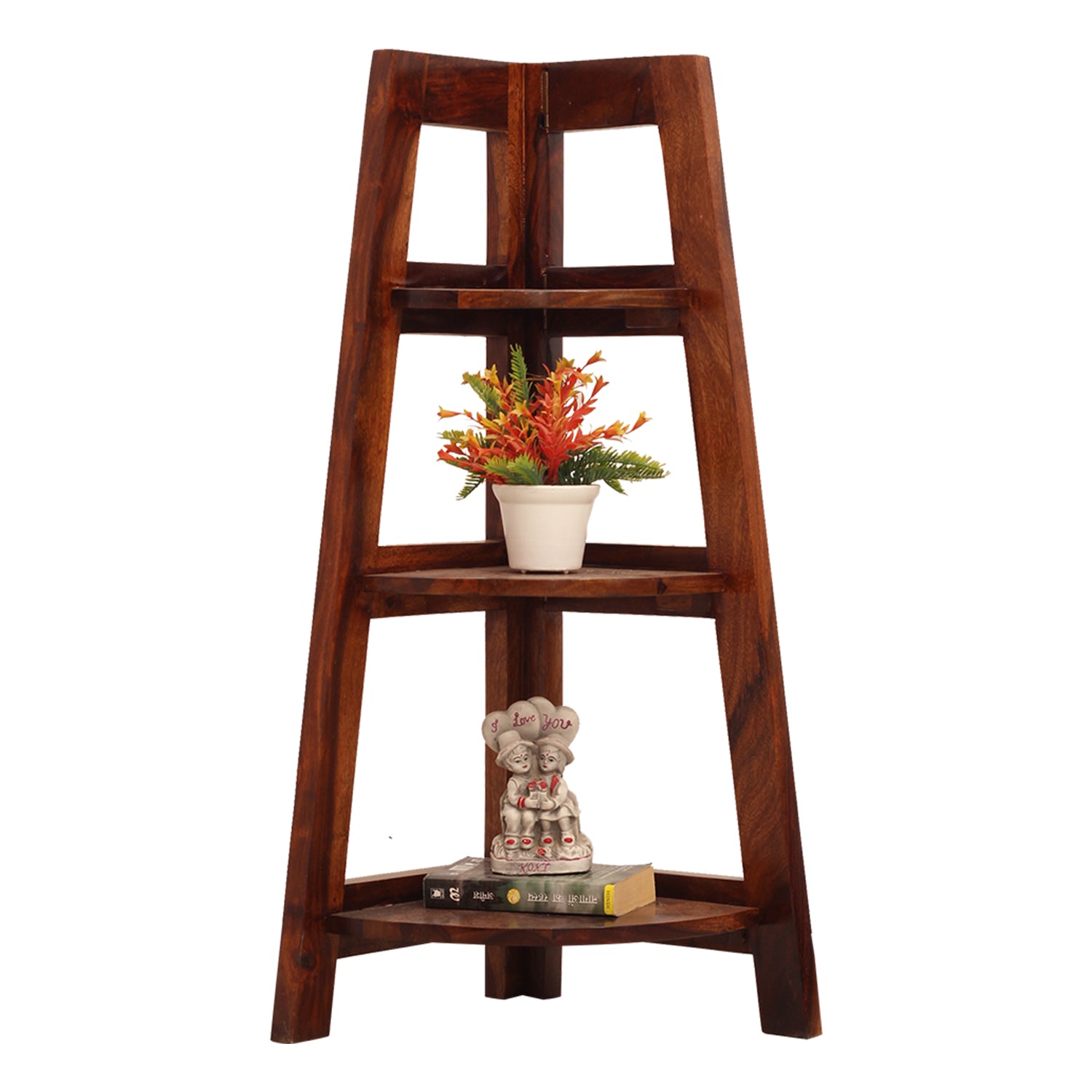 Solid Sheesham Wooden Corner Shelf for Living Room Stylish | Ascending Home Decor Display Rack Storage Organizer Unique Design with 3 Tiers (Natural Honey Oak)