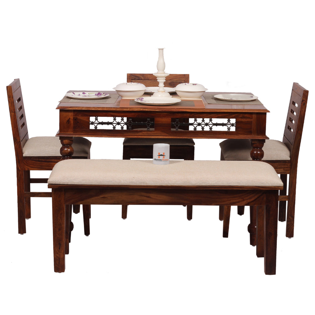 Solid Sheesham Wood Dining Table Set with 3 Cushioned Chairs & Bench for Home & Hotel Furniture | Dining Room Furniture | Natural Honey Finish with Premium Polish (5 Seater)