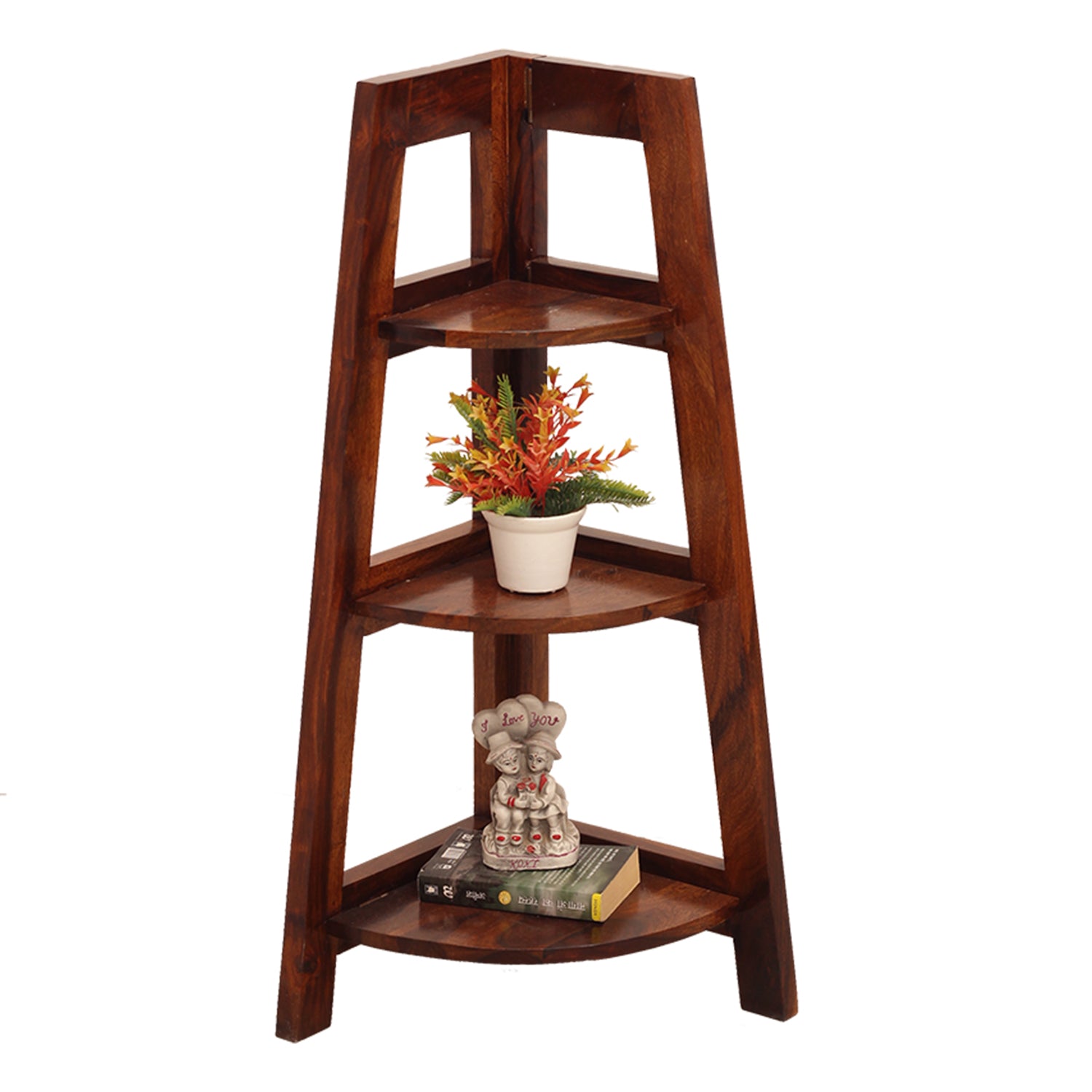 Solid Sheesham Wooden Corner Shelf for Living Room Stylish | Ascending Home Decor Display Rack Storage Organizer Unique Design with 3 Tiers (Natural Honey Oak)