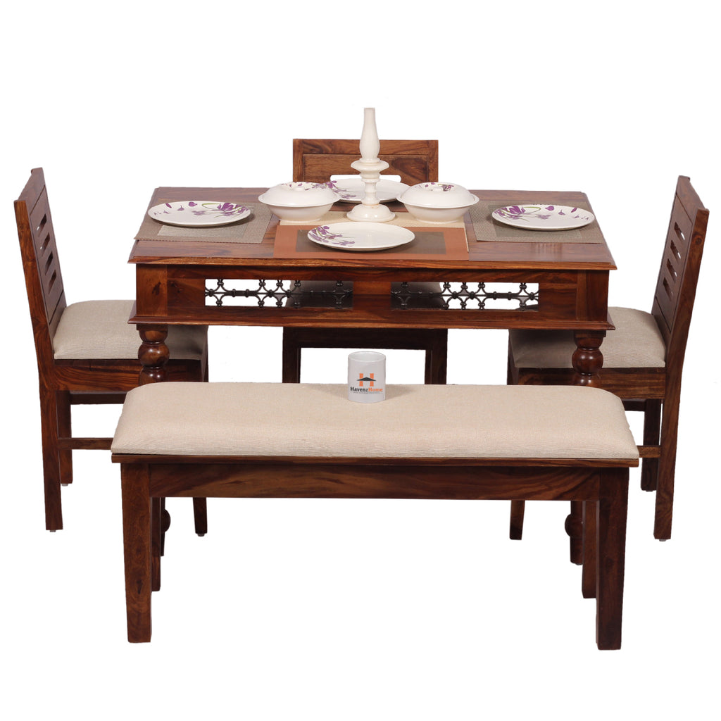 Solid Sheesham Wood Dining Table Set with 3 Cushioned Chairs & Bench for Home & Hotel Furniture | Dining Room Furniture | Natural Honey Finish with Premium Polish (5 Seater)