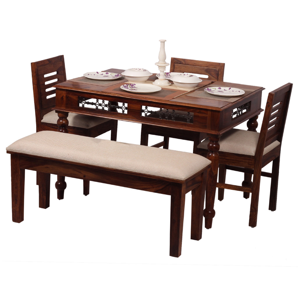 Solid Sheesham Wood Dining Table Set with 3 Cushioned Chairs & Bench for Home & Hotel Furniture | Dining Room Furniture | Natural Honey Finish with Premium Polish (5 Seater)
