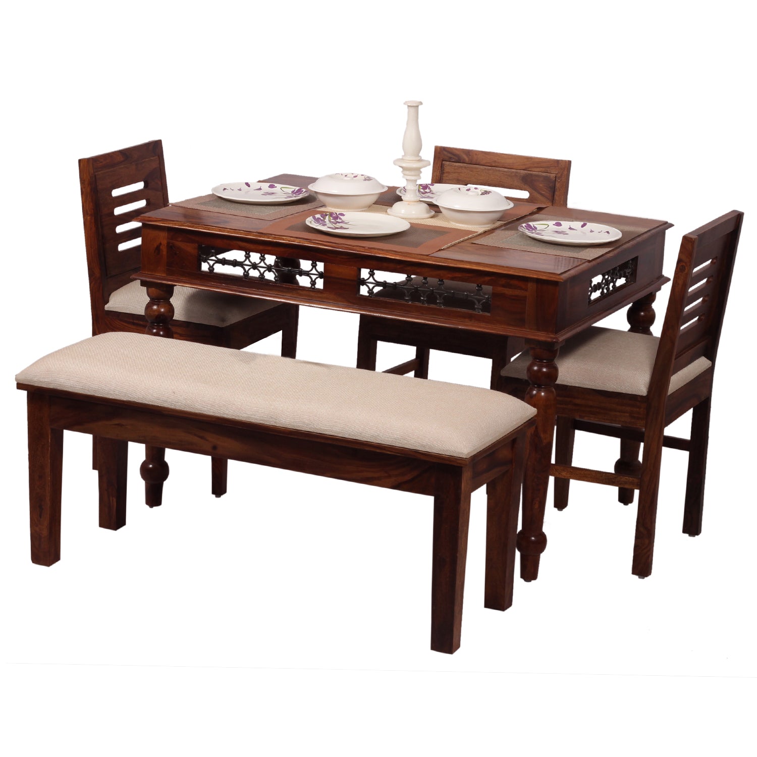 Solid Sheesham Wood Dining Table Set with 3 Cushioned Chairs & Bench for Home & Hotel Furniture | Dining Room Furniture | Natural Honey Finish with Premium Polish (5 Seater)