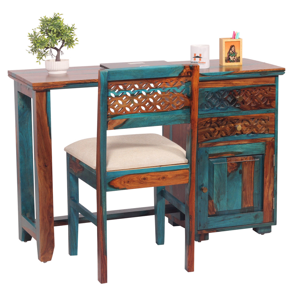 Flora Solid Sheesham Wood Computer Table with Cabinet and Drawer Storage with Chair, Study Desk, Office Desk, Laptop Table (Royal Blue)