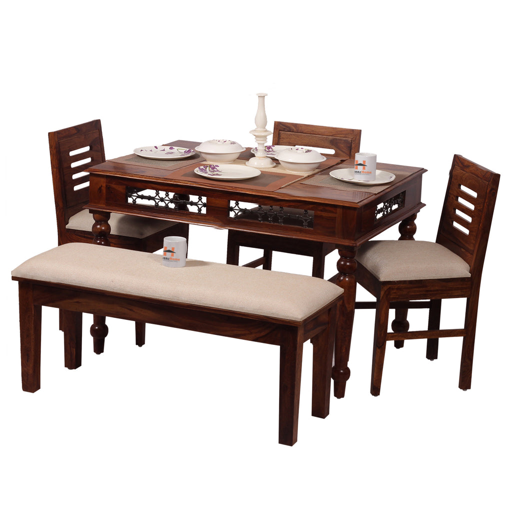 Solid Sheesham Wood Dining Table Set with 3 Cushioned Chairs & Bench for Home & Hotel Furniture | Dining Room Furniture | Natural Honey Finish with Premium Polish (5 Seater)
