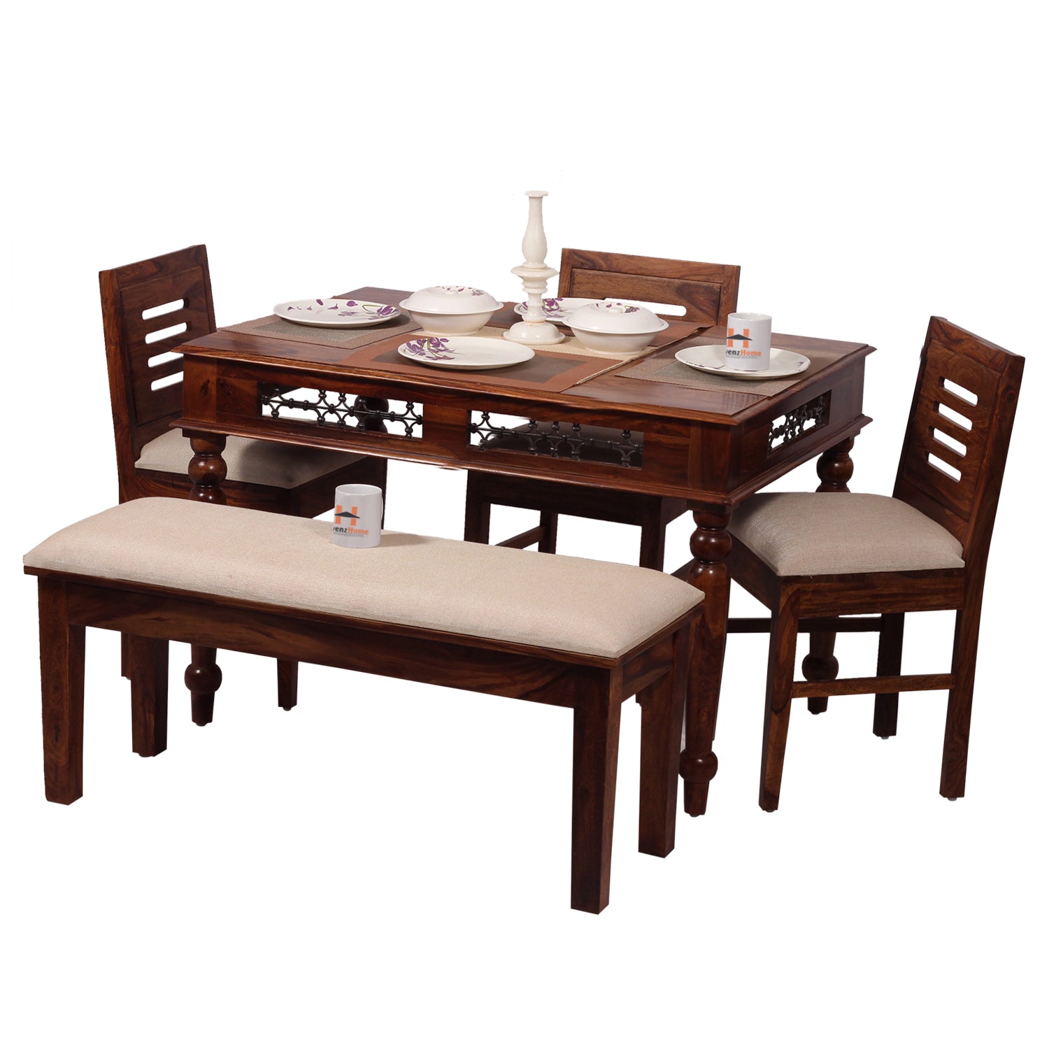 Solid Sheesham Wood Dining Table Set with 3 Cushioned Chairs & Bench for Home & Hotel Furniture | Dining Room Furniture | Natural Honey Finish with Premium Polish (5 Seater)