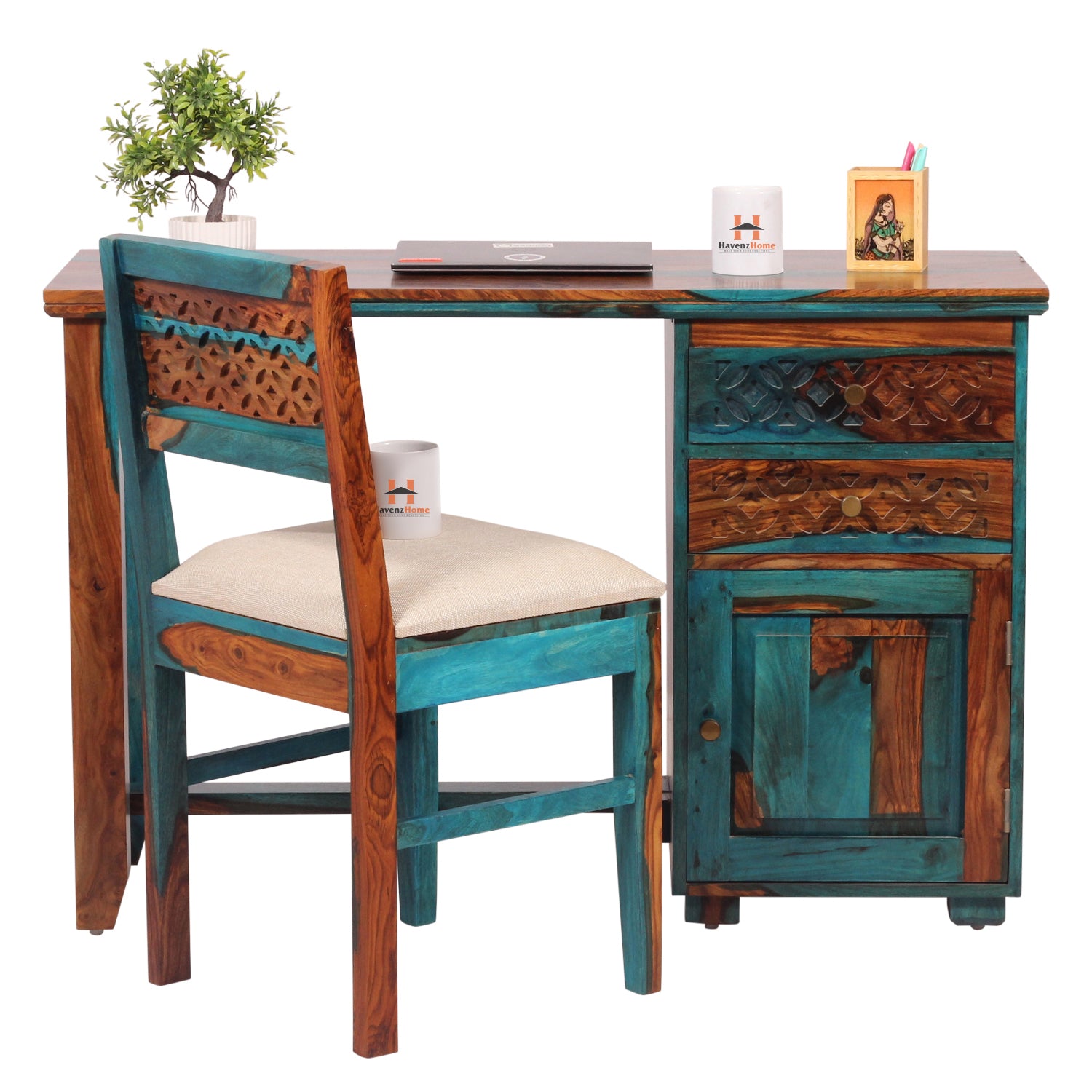 Flora Solid Sheesham Wood Computer Table with Cabinet and Drawer Storage with Chair, Study Desk, Office Desk, Laptop Table (Royal Blue)