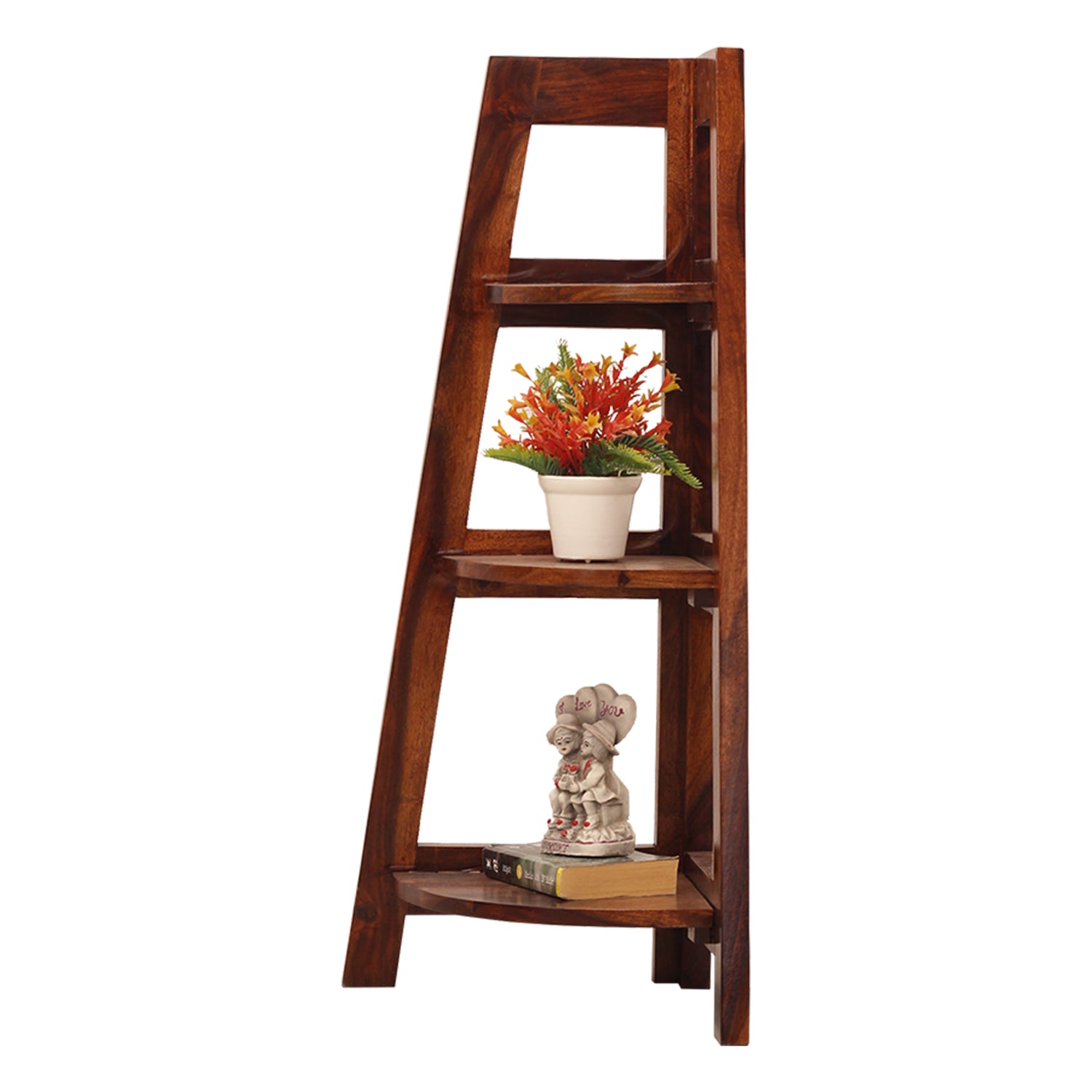 Solid Sheesham Wooden Corner Shelf for Living Room Stylish | Ascending Home Decor Display Rack Storage Organizer Unique Design with 3 Tiers (Natural Honey Oak)