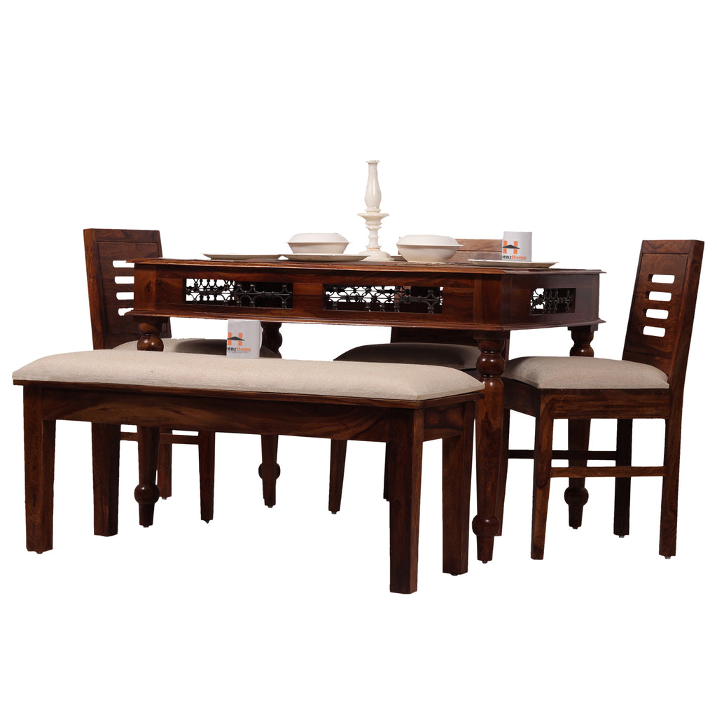Solid Sheesham Wood Dining Table Set with 3 Cushioned Chairs & Bench for Home & Hotel Furniture | Dining Room Furniture | Natural Honey Finish with Premium Polish (5 Seater)