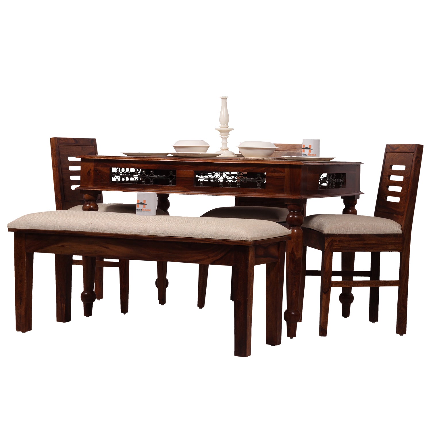 Solid Sheesham Wood Dining Table Set with 3 Cushioned Chairs & Bench for Home & Hotel Furniture | Dining Room Furniture | Natural Honey Finish with Premium Polish (5 Seater)