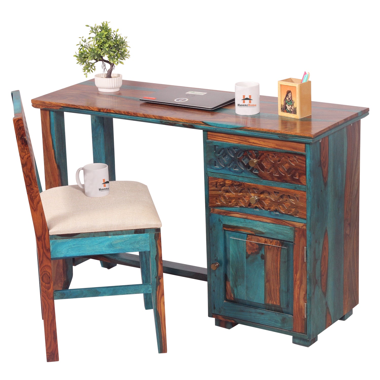 Flora Solid Sheesham Wood Computer Table with Cabinet and Drawer Storage with Chair, Study Desk, Office Desk, Laptop Table (Royal Blue)