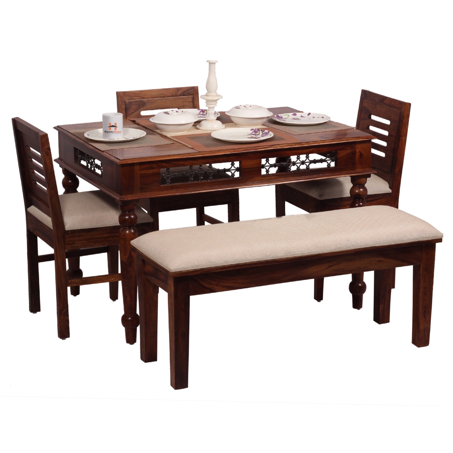 Solid Sheesham Wood Dining Table Set with 3 Cushioned Chairs & Bench for Home & Hotel Furniture | Dining Room Furniture | Natural Honey Finish with Premium Polish (5 Seater)