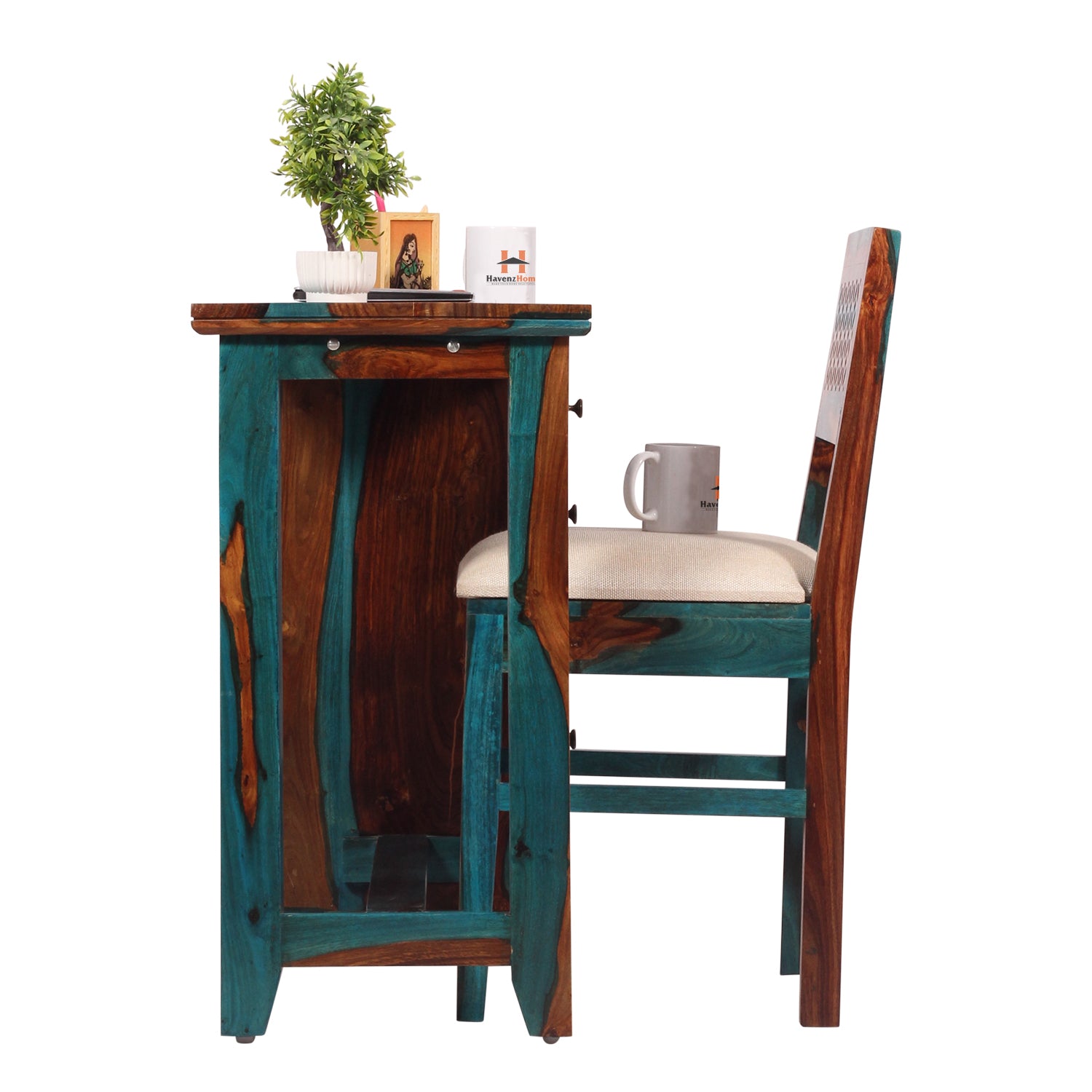 Flora Solid Sheesham Wood Computer Table with Cabinet and Drawer Storage with Chair, Study Desk, Office Desk, Laptop Table (Royal Blue)