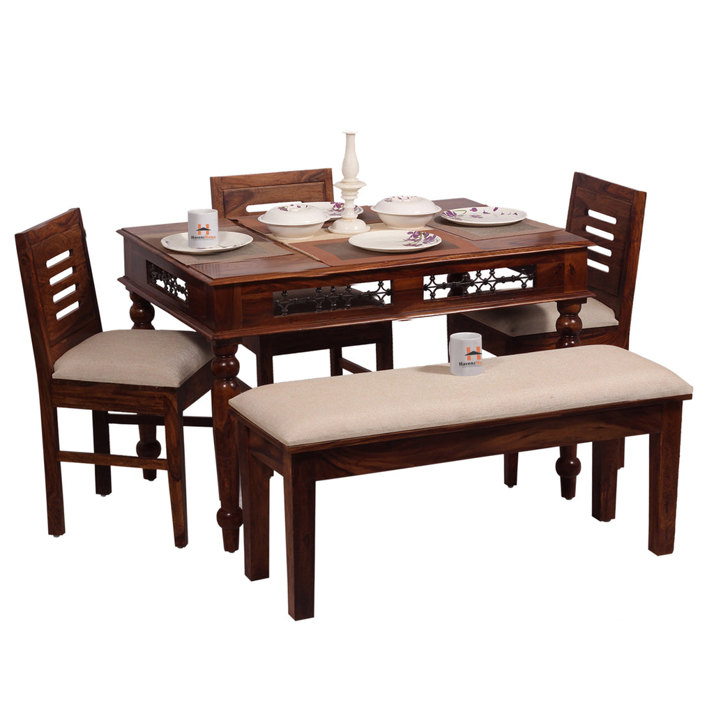 Solid Sheesham Wood Dining Table Set with 3 Cushioned Chairs & Bench for Home & Hotel Furniture | Dining Room Furniture | Natural Honey Finish with Premium Polish (5 Seater)