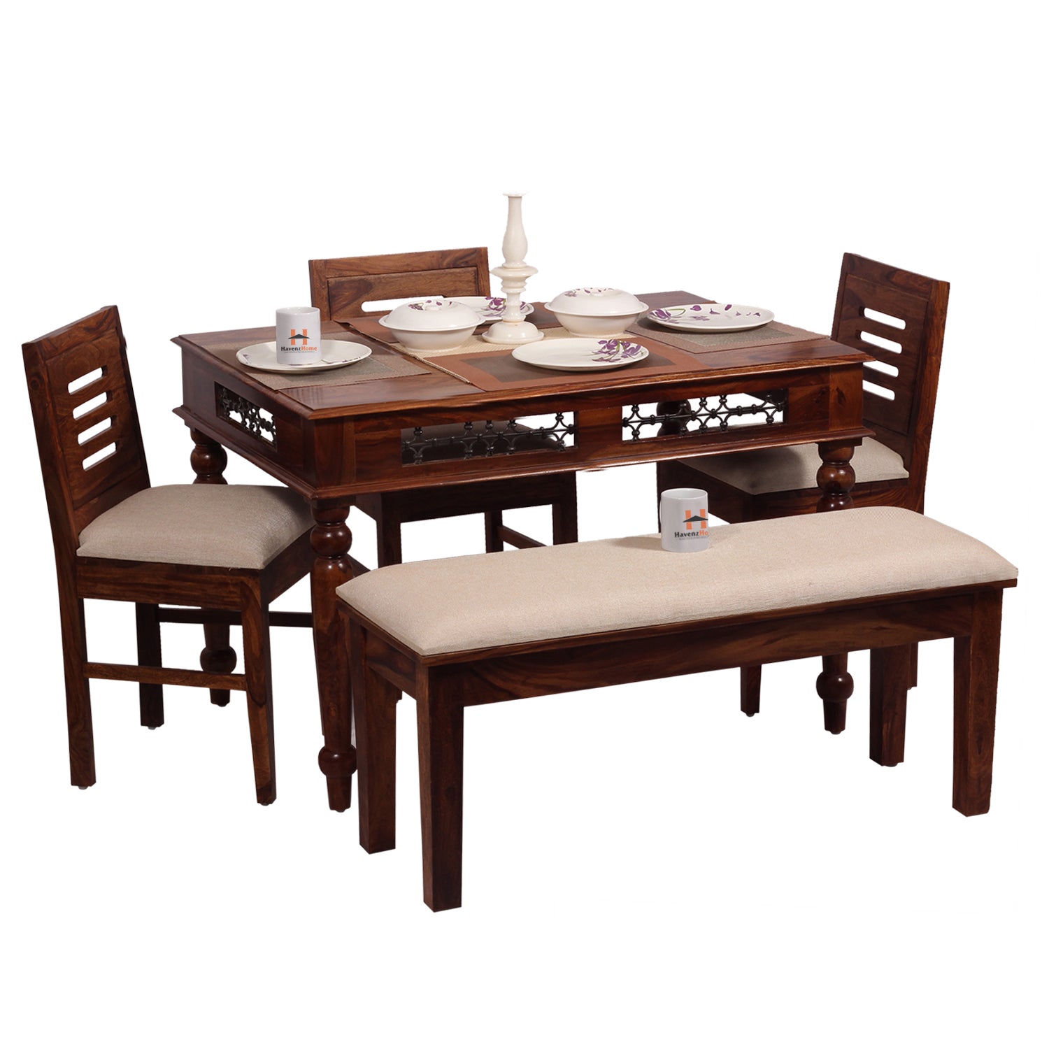 Solid Sheesham Wood Dining Table Set with 3 Cushioned Chairs & Bench for Home & Hotel Furniture | Dining Room Furniture | Natural Honey Finish with Premium Polish (5 Seater)